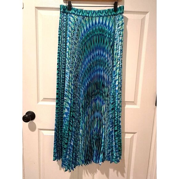 NWT Chico's Pleated Maxi Skirt Med Sz 1 (8) Long Silky Blue Green Teal Ikat Art - Picture 3 of 13